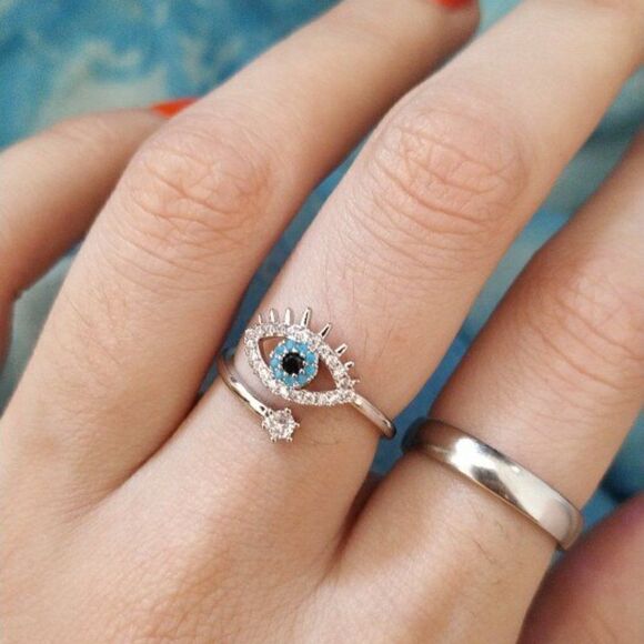 Lucky Evil Eye Adjustable Silver Ring - Picture 3 of 6